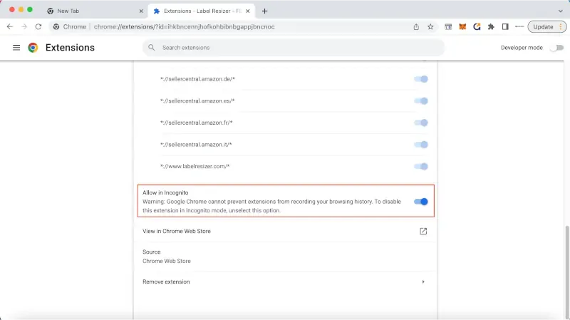 Allow in Incognito setting