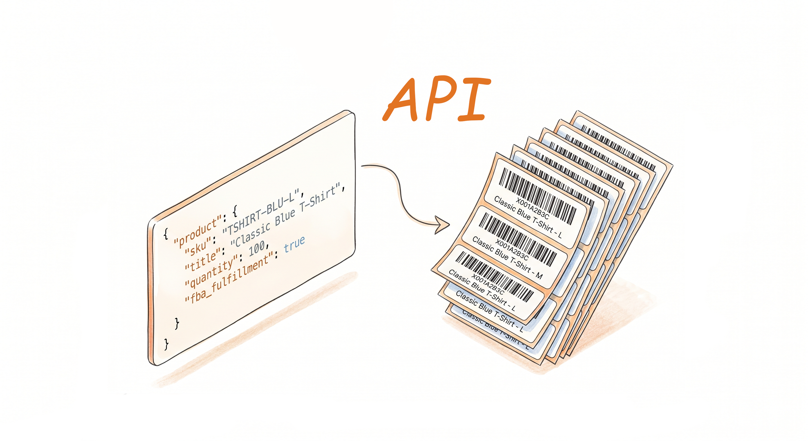 Label Resizer API documentation showing a product label generation request and response