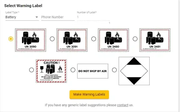 Battery warning label examples