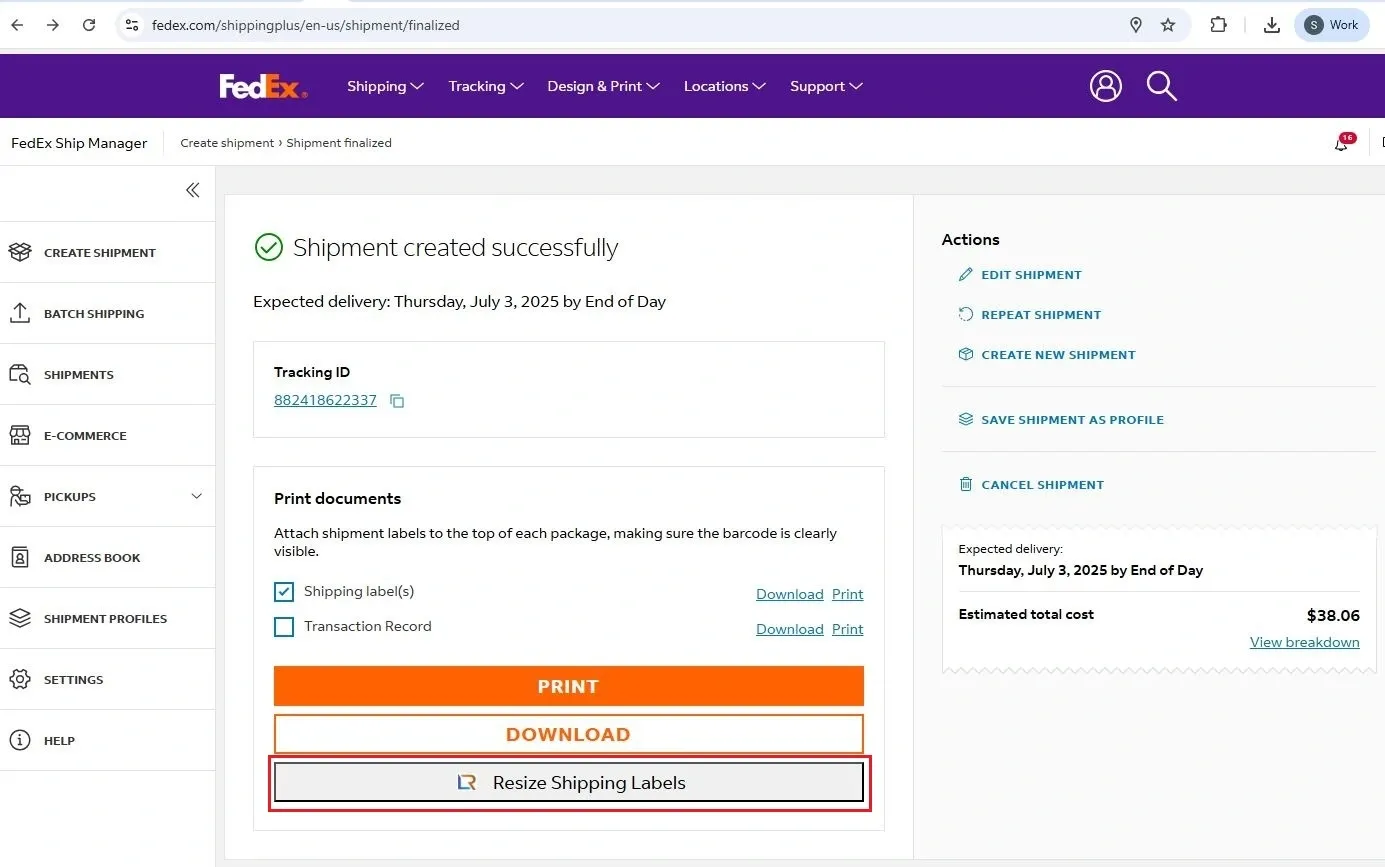 Resize Shipping Label button on FedEx