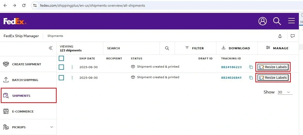 Resize Labels on FedEx Ship History