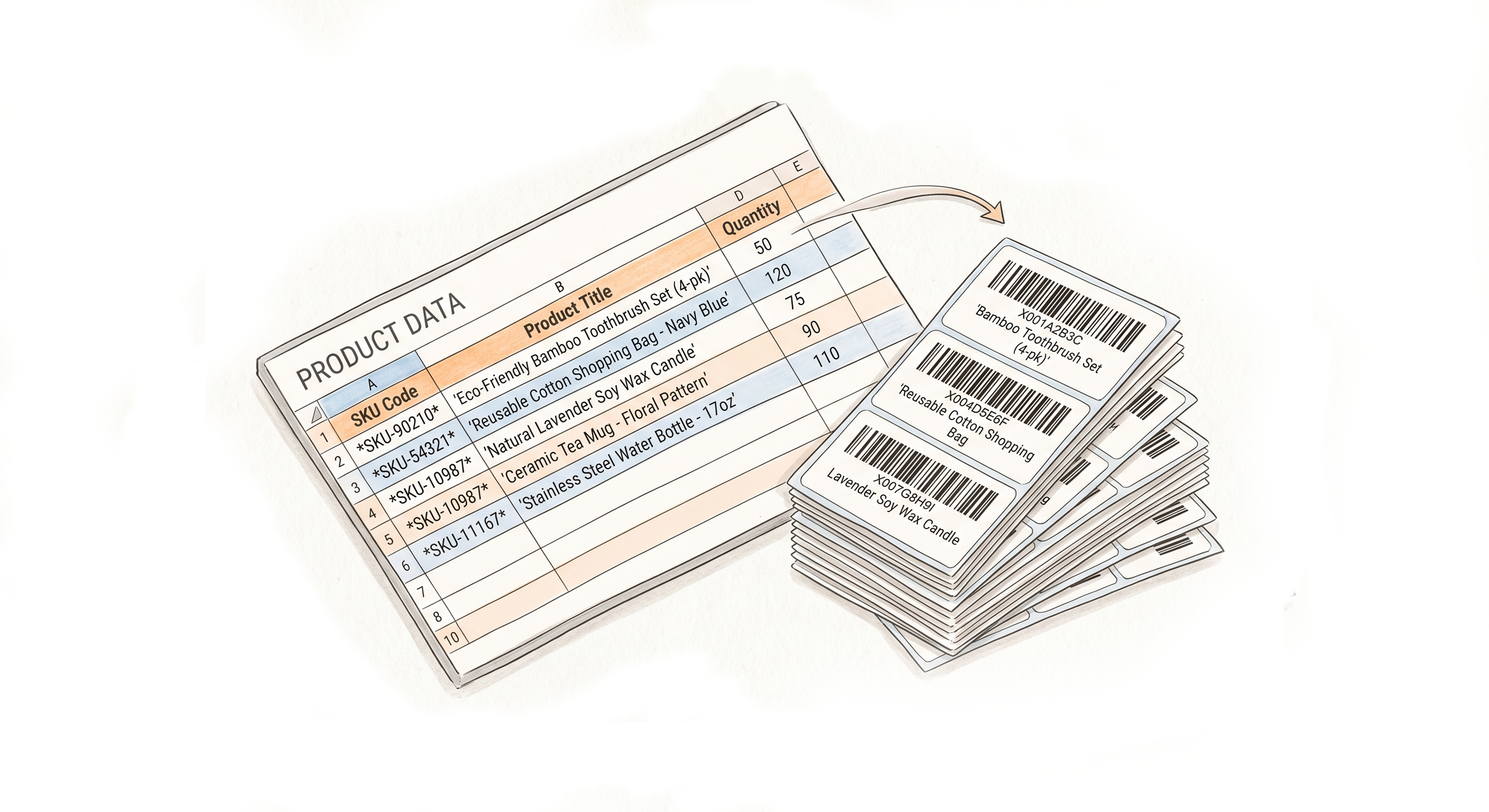 Label Resizer spreadsheet template filled with FNSKU and quantity data ready to upload