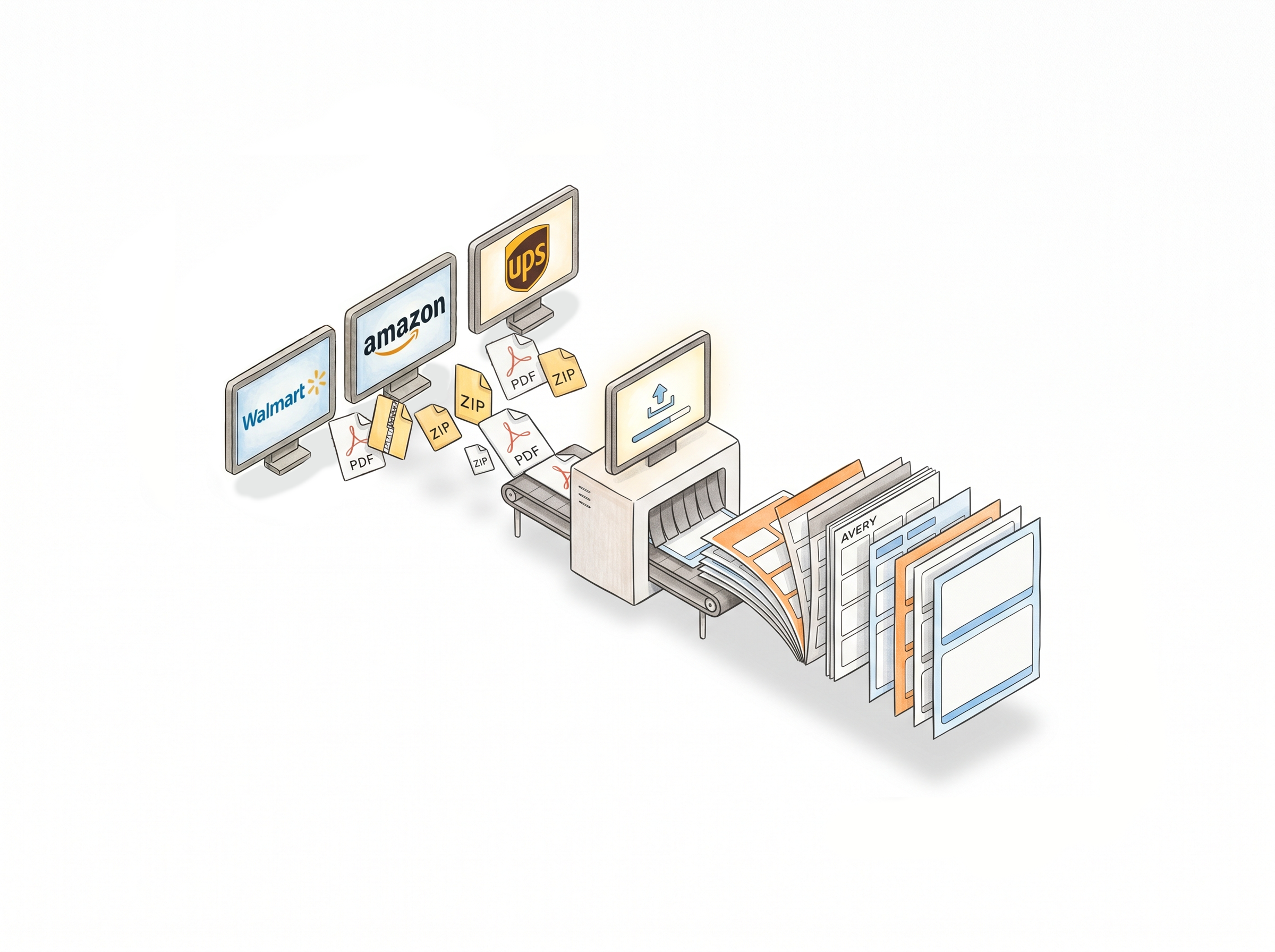 Label PDF uploader showing supported platform logos