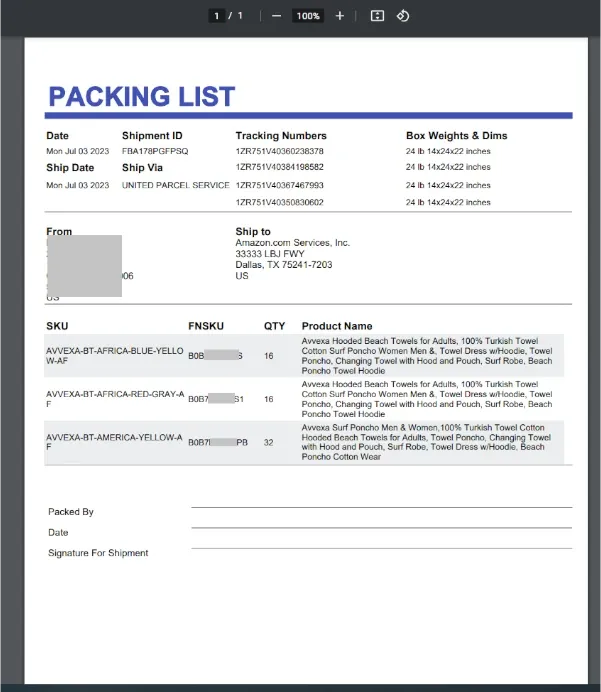 Generated packing slip