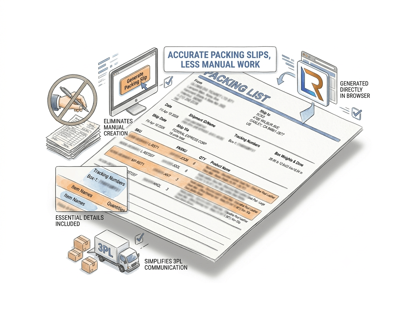 Professional Amazon packing slip with item list and tracking details generated automatically from Seller Central