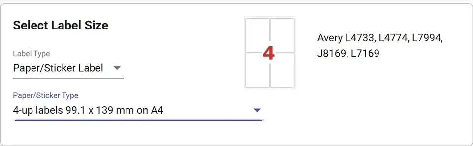 Shipping label size selection