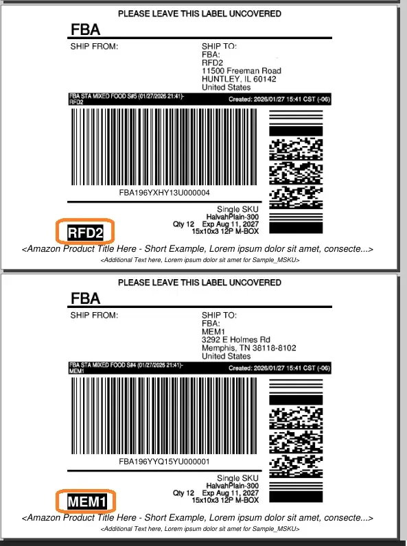 Fulfillment center code on label