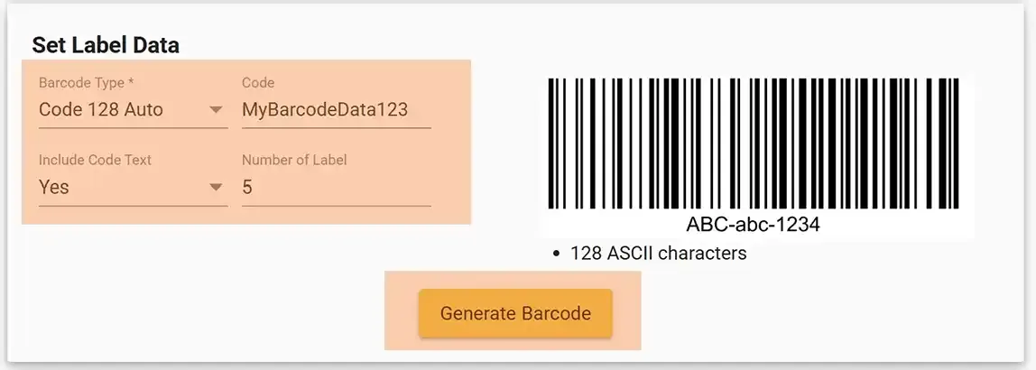 Barcode type and code input