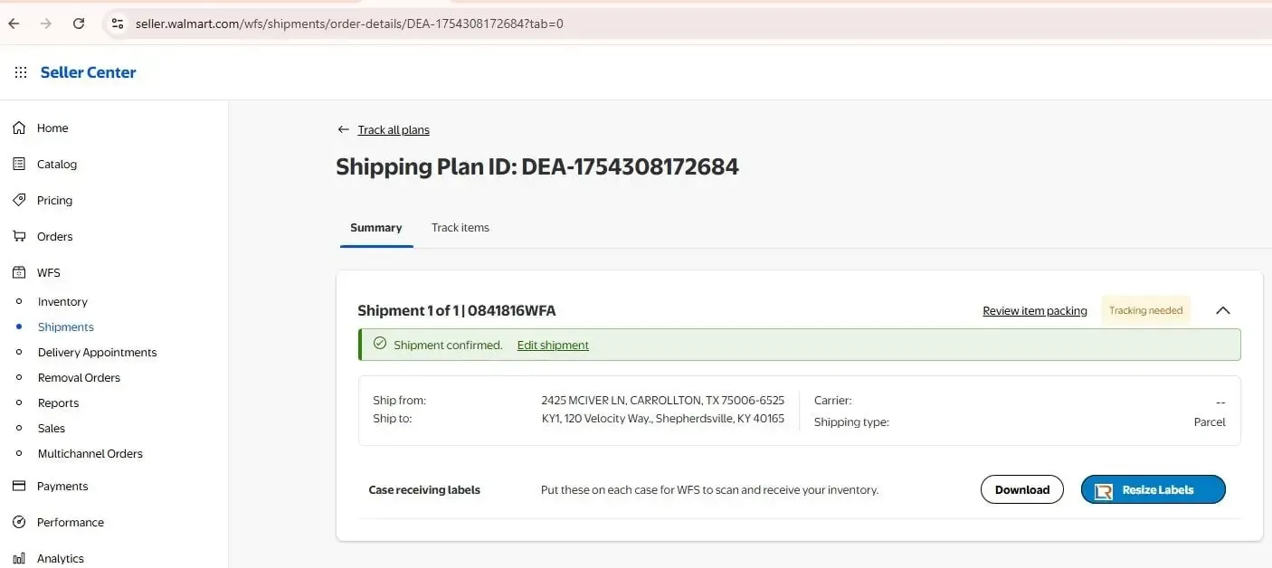 Resize Labels button on Walmart shipping page
