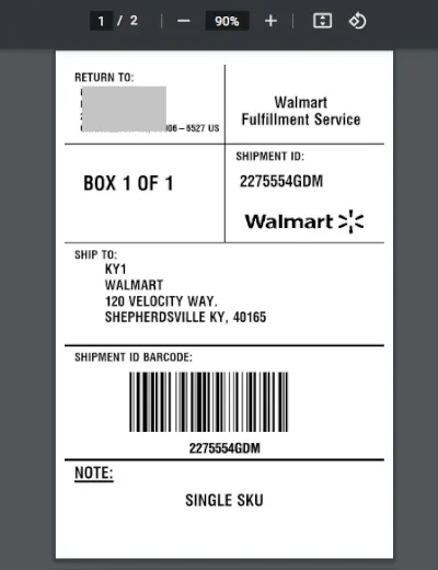 Generated Walmart WFS shipping labels